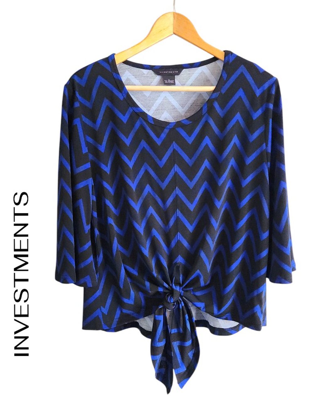Investments L Dressy Blouse Top Three Chevron Print Blue Black